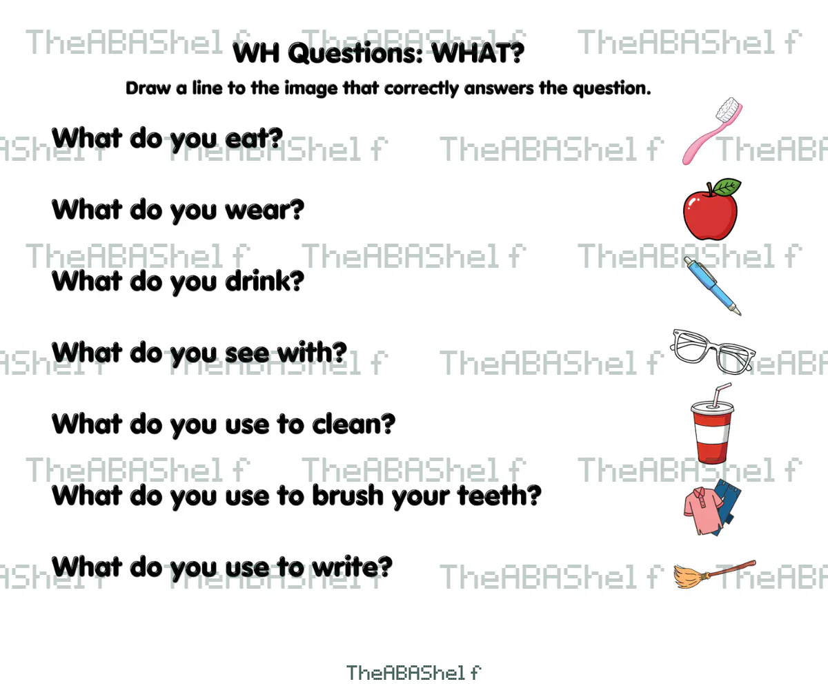 Watermarked preview of WH Questions: What Question Worksheet